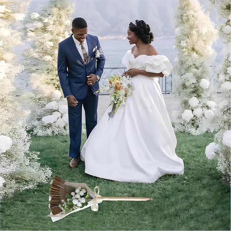 SIMER Wedding Broom for Jumping Ceremony, African American Decorative Broomstick DIY Wedding Decor, with White Roses & Babys Breath - Image 2
